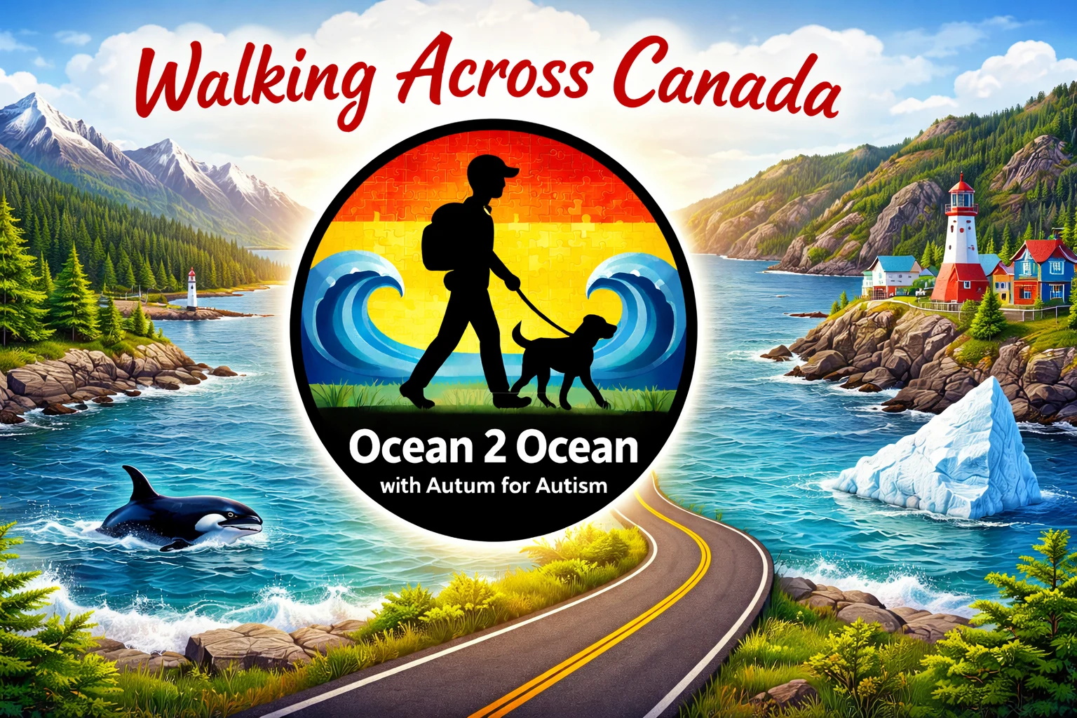 Ocean 2 Ocean walking across Canada artwork, with Jody and Autum’s silhouette between two oceans and a coastal road